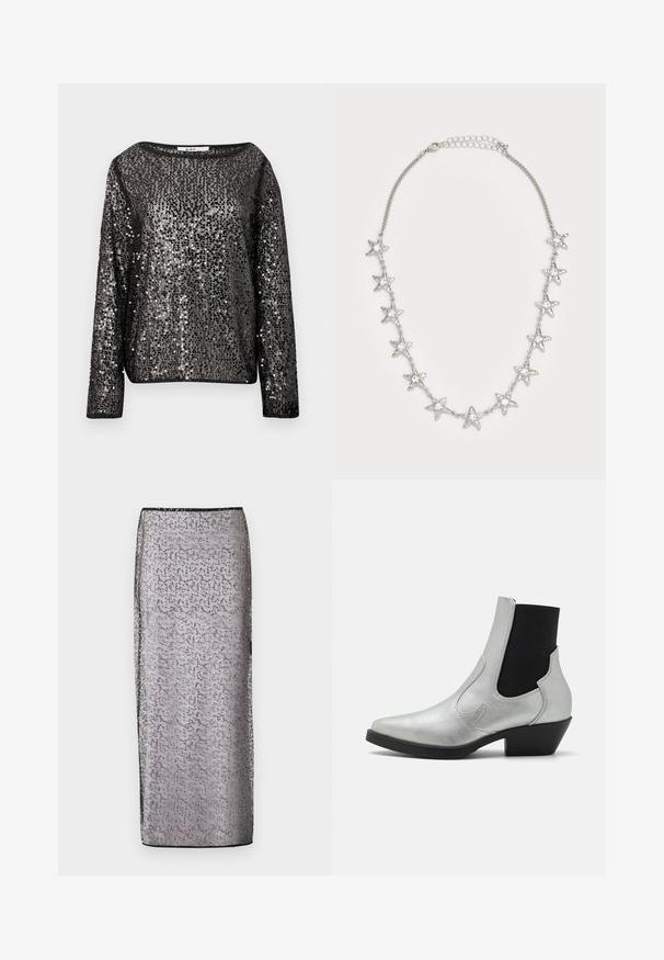 Top negro de manga larga con lentejuelas, de corte holgado, escote redondo y textura brillante. La tela está completamente cubierta de lentejuelas reflectantes.; Larga falda ajustada de tejido plateado transparente con un patrón sutil y acentos brillantes. Presenta una cinturilla y un dobladillo negros.; ONLY SHOES ONLBRONCO SHORT - Botines camperos - silver; Collar de cadena de plata con once charms en forma de estrella, cada uno con una gema central clara, y un cierre ajustable.