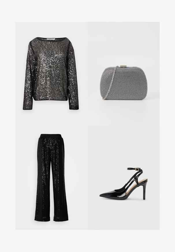 Sort palietbesat bluse med lange ærmer og løs pasform, rund halsudskæring og en skinnende tekstur. Stoffet er helt dækket af reflekterende pailletter.; Sorte glitrende brede bukser med en struktureret, elastisk talje, der har en glimtende overflade og fuldlængde design.; Sorte laklæder højhælede slingback-sko med spids tå, justerbar ankelrem og åben sider. Glat tekstur.; Sorte og hvide teksturerede clutch-taske med rund form, sølvfarvet kædetrækt, og en metalspænde på toppen.