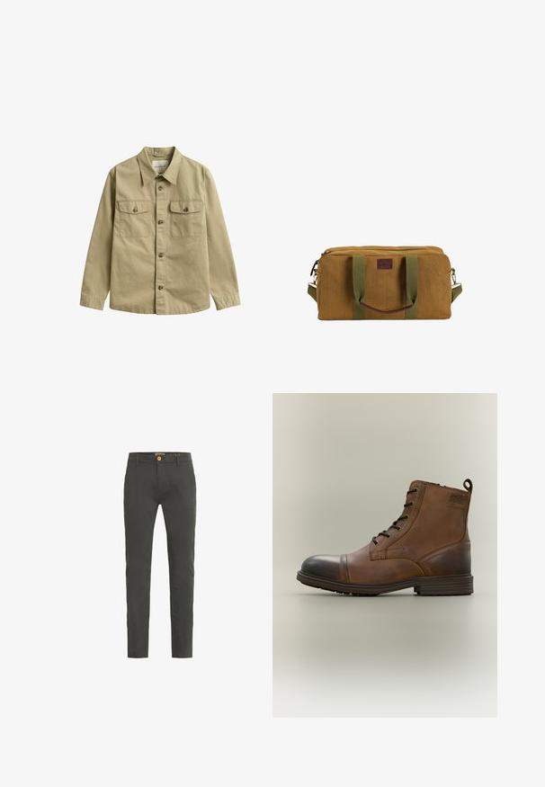 Camisa de manga larga color caqui con botones, cuello y dos bolsillos frontales con solapa y botón.; Chinos de corte slim en gris oscuro, elaborados con una mezcla de algodón. Cuentan con un cierre de un solo botón y pasadores para cinturón. Textura suave con un detalle mínimo.; Bota de cuero marrón con cordones hasta el tobillo, puntera negra, suela redonda y detalle de marca en el lateral sobre un fondo liso.; Bolsa de lona marrón rectangular con asas verdes y correa para el hombro, compartimento principal con cremallera y parche de cuero en el centro delantero.