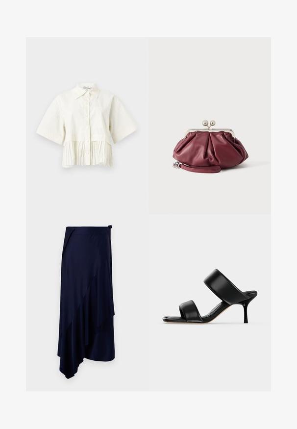 Chemise blanche à manches courtes avec col pointu et détail plissé en dessous de la poitrine.; Rabanne Jupe crayon - deep navy; Sandale mule en cuir noir avec deux larges brides et un talon stiletto fin de hauteur moyenne sur un fond clair uni.; Petite pochette en cuir bordeaux avec fermoir en métal argenté et bracelet pour poignet sur fond blanc.