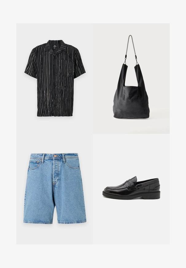 Kurzarmhemd aus schwarzem Stoff mit vertikalen weißen Streifen, einer Tasche auf der linken Brust und einem lässigen Kragen.; Helle Jeansshorts mit klassischer Passform, fünf Taschen und kontrastierenden Nähten. Mit Knopfverschluss und ausgefranstem Saum.; Schwarze Lederloafers mit glatter Oberfläche, abgerundetem Zehenbereich, niedrigem Absatz und dekorativer Naht entlang der Vorderseite. Gummisohle für guten Halt.; Schwarze weiche Stofftragetasche mit breiten Griffen und einem dünnen schwarz-weißen geflochtenen Schulterriemen.