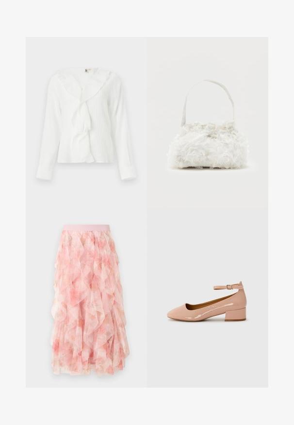 Blusa blanca de manga larga con un cuello con volantes y tejido texturizado. Tiene un corte ligeramente holgado y mangas con puños.; Falda midi de tul en capas rosa con patrón floral y cintura elástica, con texturas suaves y volantes.; Zapatilla plana de charol rosa con punta redondeada, tira al tobillo y tacón bajo. Textura suave y diseño minimalista.; Pequeño bolso blanco con rosas de tela que cubren su cuerpo y una delgada correa única como asa, sobre un fondo liso.