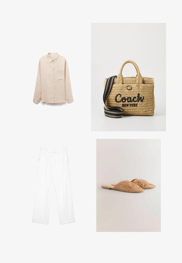 Camisa beige de manga larga con botones, cuello y un solo bolsillo en el pecho, mostrada sobre fondo blanco.; Pantalones de lino blancos con un ajuste holgado, que presentan un diseño de pierna recta, bolsillos frontales y una cintura plana. Textura suave en todo el tejido.; Sandalias deslizantes de cuero trenzado en color marrón claro, con un diseño de parte superior trenzada de gran tamaño y una suela plana. La punta afilada aporta un aspecto elegante.; Bolso de paja trenzada con doble asa en la parte superior, logotipo bordado en negro "Coach New York", accesorios en oro y una correa de hombro a rayas desmontable.