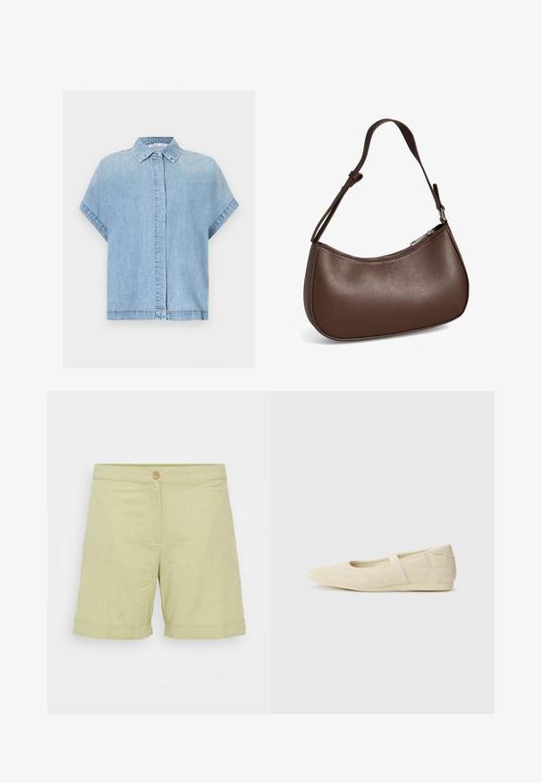 Chemise en denim bleu clair à manches courtes avec patte de boutonnage dissimulée et col classique, présentée sur fond blanc.; Shorts en lin vert clair avec une fermeture à bouton, texture lisse, ourlets roulés et un design simple et droit.; Ballerines beiges avec une exterior en cuir lisse, un bout en forme d'amande et une sangle élastique sur le coup de pied, avec des détails de couture subtils.; Petit sac bandoulière en cuir marron avec sangle réglable et fermeture éclair, présenté sur fond blanc. Aucun logo ou décoration visible.