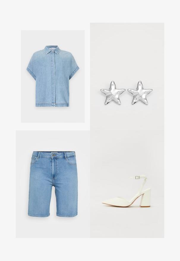 Lyseblå denim kortærmet skjorte med skjult knaplukning og klassisk krave, vist på hvid baggrund.; Lys blå denim shorts med klassisk pasform, der har en frontknaplukning, bæltestropper og to sidelommer. Glat tekstur og lige kant.; Hvide hælede sandaler med spids tå, justerbar ankelrem og en kraftig firkantet hæl. Glat tekstur med minimale syninger.; Sølvstjernede øreringe med en poleret, blank overflade. Hver ørering har fem spidser og subtile teksturdetaljer på overfladen.