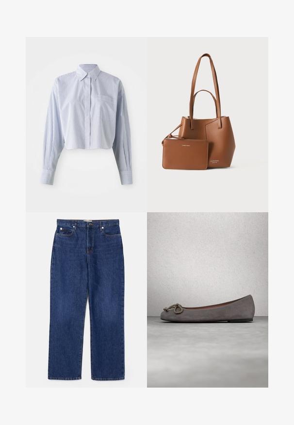 Kort shirt in blauw-witte verticale strepen, met een puntige kraag, lange mouwen en een voorzak. Gladde katoen textuur.; Donkerblauwe denim jeans met een hoge taille, recht gesneden ontwerp, vijf zakken en zilveren hardware. Heeft subtiele vervaging en gestikte naden.; Grijze suède ballerina's met een ronde neus, een geknoopt touwaccent en een subtiele contrasterende rand langs de rand. Platte, flexibele zool.; Bruine leren shopper met twee lange handvatten en bijpassend ritstasje, beide met subtiele merklogo’s op een effen achtergrond.