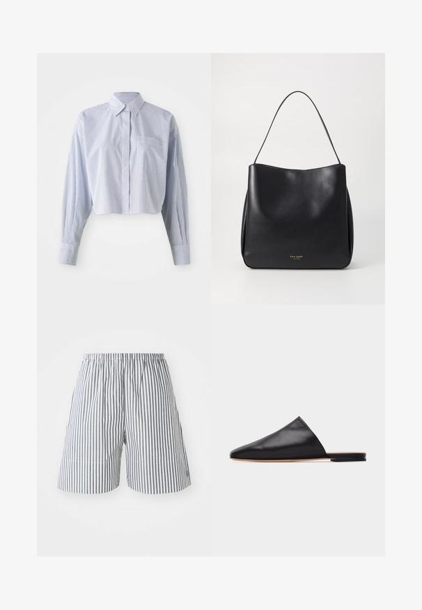 Chemise cropped en rayures verticales bleu et blanc, avec un col pointu, des manches longues et une poche avant. Texture en coton lisse.; Shorts rayés en coton bleu marine et blanc, dotés d'une taille élastique et d'une coupe décontractée. Longueur mi-cuisse avec des détails de couture subtils.; Mule en cuir noir à enfiler, avec bout pointu et semelle plate beige, sur fond gris clair uni.; Sac à main en cuir noir avec une texture lisse, de forme surdimensionnée et une seule bandoulière. Présente un détail de logo doré à l'avant.