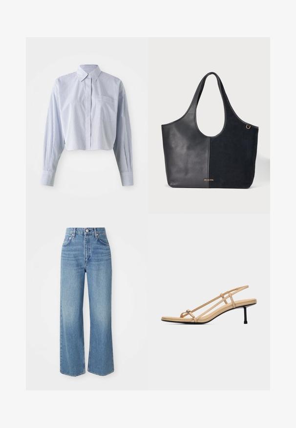 Chemise cropped en rayures verticales bleu et blanc, avec un col pointu, des manches longues et une poche avant. Texture en coton lisse.; Jeans en denim bleu clair à taille haute, jambes larges et ourlet brut. Présente un design traditionnel à cinq poches et une fermeture à bouton argenté.; Sandale beige à lanières avec une fine boucle pour l'orteil, deux lanières latérales, une bride arrière, une semelle rembourrée et un talon noir élégant de hauteur moyenne.; Sac cabas noir avec cuir texturé d’un côté et daim lisse de l’autre, avec une anse arrondie et un petit logo doré de la marque.