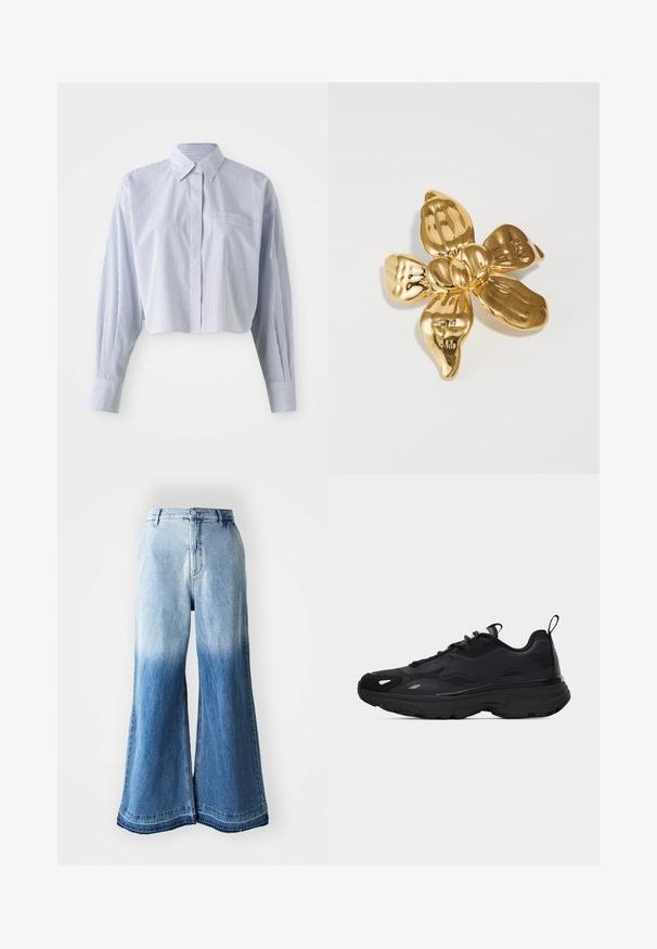 Kort shirt in blauw-witte verticale strepen, met een puntige kraag, lange mouwen en een voorzak. Gladde katoen textuur.; Lichtblauwe denim broek met wijde pijpen, kenmerkend door een vervaagde gradient van licht naar donker, gestikte zoom en vijf zakken.; Zwarte atletische sneaker met dikke zool, gestructureerd bovenwerk, zijpanelen, veters en trekbandjes op de tong en hiel.; Gouden bloemenbroche in de vorm van een bloem met vijf gebogen bloemblaadjes, met een glanzende afwerking en een ronde kern, die de zachte, reflecterende texturen benadrukt.