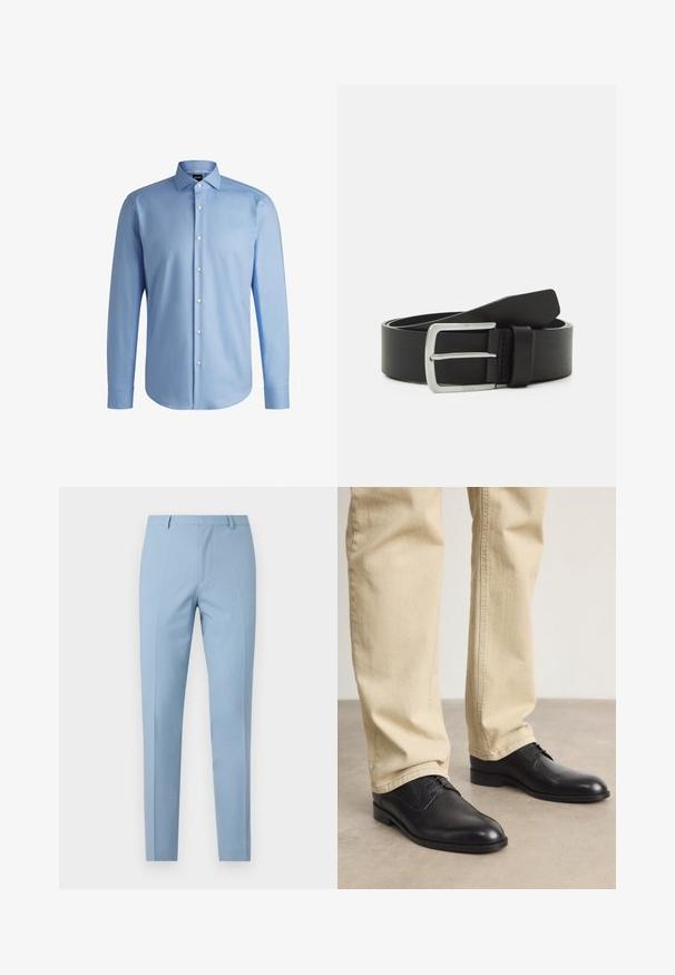 BOSS H-JOE-SPREAD - Košeľa - light blue; Svetlomodré nohavice na mieru so štíhlym strihom, hladkou textúrou, so záhybom vpredu, priliehavým pásom a pútkami na opasok. Bez viditeľných vreciek.; Čierne kožené šnurovacie topánky s okrúhlou špičkou, hladkým povrchom a jemnými detailmi prešitia, nosené so svetlo béžovými nohavicami.; Čierny kožený opasok s hladkým povrchom, striebornou kovovou sponou a jedným pútkom na nastavenie. Má čistý, klasický dizajn.