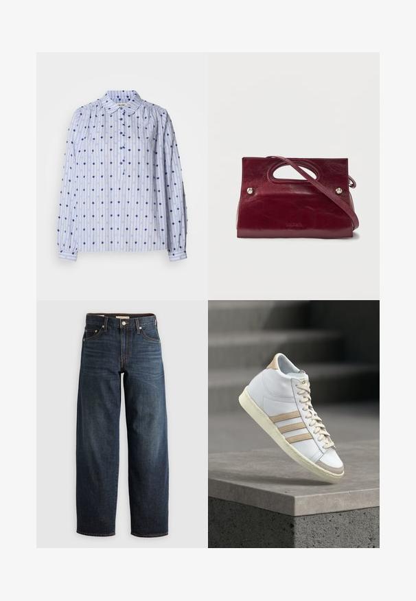 Blauw overhemd met lange mouwen in lichtblauw met verticale witte strepen, voorzien van blauwe polkadots en geplooide schouders. Knopen aan de voorkant.; Donkerblauwe jeans van denim, met een recht model, vijf-pocketstijl en stiksels met een knoopsluiting.; Witte leren hoge sneaker met beige accenten, voorzien van drie strepen, vetersluiting aan de voorkant en een crème rubberen zool met textuur.; Bordeauxrode leren handtas met een rechthoekige vorm, bovenhandvatten en een verstelbare riem. Voorzien van zilverkleurige hardware en een gestructureerde afwerking.