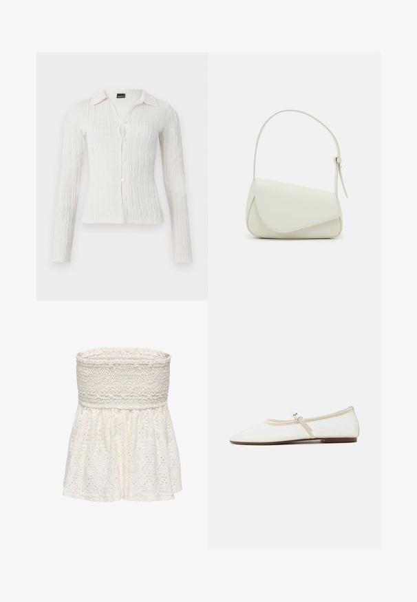 Blouse blanche à manches longues avec un design texturé en côtes, col, fermeture à boutons et une petite ouverture en forme de clé à l'avant.; Top blanc sans bretelles avec un buste smocké texturé et une section inférieure évasée avec un motif en dentelle. Comprend des designs découpés complexes.; Chaussure plate Mary Jane blanche avec bout pointu, fine bride réglable avec boucle argentée, et semelle marron sur fond blanc.; Sac à main en cuir synthétique blanc avec une forme triangulaire structurée, une bandoulière unique réglable et un rabat à courbes accentuées.