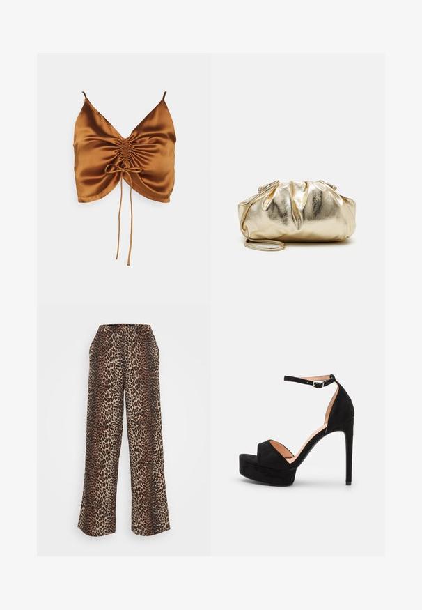 Even&Odd by Zalando CAMI RUSHING FRONT - Débardeur - 708 - cognac; Pantalons large en imprimé léopard avec taille élastique et poches latérales, fabriqués à partir d'un tissu doux dans des tons bruns et beige.; Sandale à talons hauts en daim noir avec une semelle compensée, bride de cheville avec quincaillerie en argent, design à bout ouvert et texture lisse.; Pochette métallique dorée avec une texture froissée, de forme arrondie et douce, et une chaîne amovible. Présente un design froncé en haut.