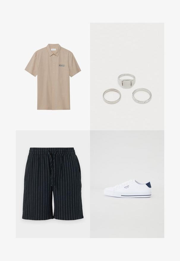 Chemise beige à manches courtes en tissu léger, dotée d'un col et d'une fermeture par boutons sur le devant. Comprend un texte brodé en bleu sur la poitrine.; Shorts bleu foncé avec des rayures verticales claires, taille élastiquée, fermeture à cordon de serrage et poches latérales. Fabriqués en tissu léger.; Baskets en toile blanches avec un accent de talon marine, semelle en caoutchouc plate, bout rond et lacets blancs. Présente un logo sur le côté.; Ensemble de trois anneaux en argent : un large anneau rectangulaire en haut, une fine bande classique et une bande au design torsadé. Fini métal lisse sur l'ensemble.