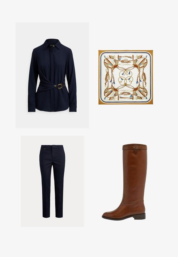 Marineblå langærmet skjorte med krave, snoet frontdesign og sort bælte med guldfarvet spænde og nittebesætning. Blød tekstur i stoffet.; Marineblå chinos lavet af bomuldsblanding med et tilspidset fit, flad front, sidelommer og en enkelt baglomme; har et lille guldlogo.; Brune læder knæhøje støvler med rund tå, let hæl og dekorativ rem med spænde øverst. Glat tekstur og stilrent design.; Silketørklæde med symmetrisk ridebane-design, der indeholder tøjler, bid og blå kvaster på hvid og brun baggrund.