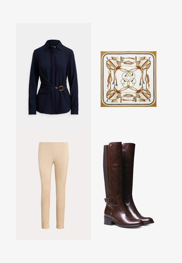 Marineblauw shirt met lange mouwen, een kraag, een gedraaide voorkant en een zwarte riem met een gouden gesp en studs. Zachte stoftextuur.; Beige slim-fit enkellange broek met een gladde afwerking en zonder zichtbare zakken of versieringen op een effen achtergrond.; Bruine leren laarzen tot de knie met een gladde afwerking, contrasterend stofpaneel, enkelgesp detail en lage blokhak.; Zijden sjaal met symmetrisch ruiterontwerp met hoofdstellen, teugels en blauwe kwastjes op een witte en bruine achtergrond.