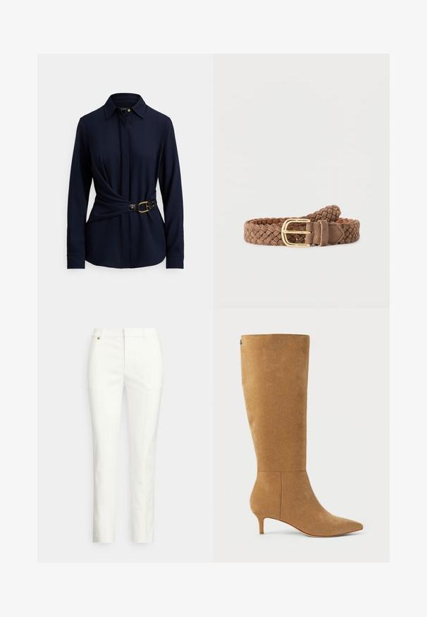 Marineblauw shirt met lange mouwen, een kraag, een gedraaide voorkant en een zwarte riem met een gouden gesp en studs. Zachte stoftextuur.; Witte, op maat gemaakte broek met een slanke pasvorm, met een gladde textuur, riemlussen en een klein gouden metalen detail. Geen zichtbare zakken.; Lauren Ralph Lauren MCKAY SUEDE TALL BOOT HEEL - Laarzen - camel; Bruine gevlochten suède riem met gouden metalen gesp, plat gelegd op een effen witte achtergrond.