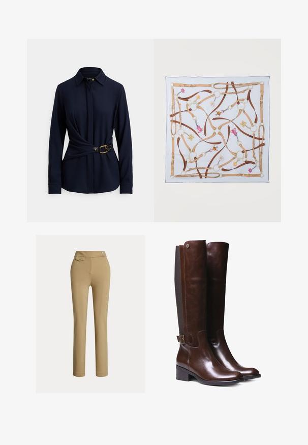 Chemise à manches longues bleu marine avec col, design torsadé à l'avant, et ceinture noire avec boucle dorée et détails cloutés. Texture de tissu douce.; Pantalons slim beige pour femmes avec taille haute, deux boutons sur le côté et une petite poche à rabat boutonnée près de la taille.; Bottes haute en cuir marron avec finition lisse, panneau en tissu contrastant, détail de boucle à la cheville et petit talon carré.; Foulard en soie avec des lanières en cuir beige et marron, des anneaux dorés et de petits charms fleurs et animaux roses, jaunes et blancs sur fond blanc.
