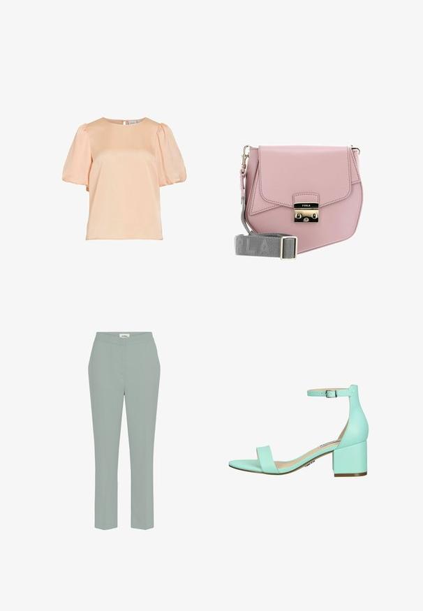 Blusa color durazno claro con mangas cortas abullonadas y escote redondo, con un pequeño cierre de botón en la parte trasera.; Pantalones de pierna recta verde claro, con una textura suave y una cinturilla de altura media, que presentan costuras mínimas y sin bolsillos visibles.; Sandalia de tacón cuadrado verde menta con correa en el tobillo, que presenta una banda ancha en la puntera y material sintético suave. Diseño simple y moderno.; Bolso cruzado de cuero rosa con cierre de solapa, hardware plateado y una correa gris con el nombre de la marca. Textura suave, diseño minimalista.