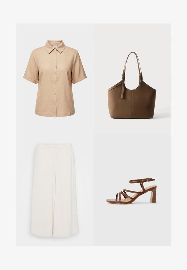 Beige kortærmet skjorte med knapper, spids krave, knapper foran og lige kant, vist på en hvid baggrund.; Hvide linned culotter med elastisk talje, brede ben og en tekstureret overflade. Beklædningen har en løs, afslappet pasform for komfort.; Brun læder-rem sandal med blokhæl og justerbar ankelspænde på en ensformig lys baggrund.; Brun læder tote taske med justerbar skulderrem og guldfarvet spænde, glat tekstur, vist mod en ensfarvet hvid baggrund.