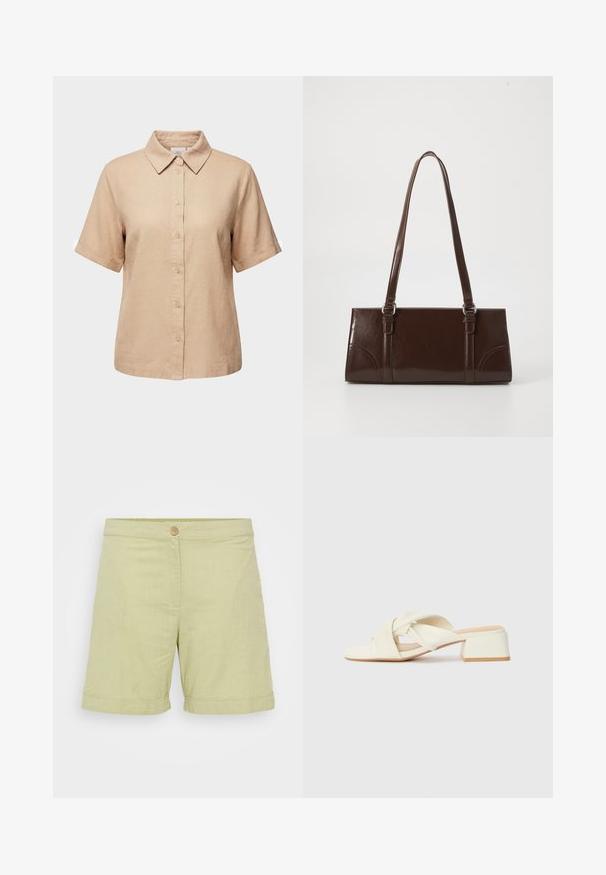 Chemise beige à manches courtes boutonnée, col pointu, boutons sur le devant et ourlet droit, présentée sur fond blanc.; Shorts en lin vert clair avec une fermeture à bouton, texture lisse, ourlets roulés et un design simple et droit.; Sandales à talons bloc couleur crème avec des brides torsadées et un lit de pied plat. Matériau synthétique lisse avec une finition mate.; Sac à main en cuir verni marron de forme rectangulaire, avec deux longues poignées et des accents courbés subtils à l'avant.