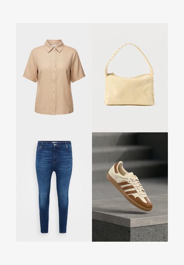 Beige kortærmet skjorte med knapper, spids krave, knapper foran og lige kant, vist på en hvid baggrund.; Mørkeblå skinny jeans med forlommer, bæltestropper og knaplukning på en ensfarvet lys baggrund.; Klassisk sneaker med øverste del i cremefarvet læder, brune accenter, tre striber og en tekstureret gummisål. Har en rundet snude og snørelukning.; Lille beige læderhåndtaske med en enkelt rem og sølvnitter langs kanterne og remmen, sat mod en ensfarvet baggrund.
