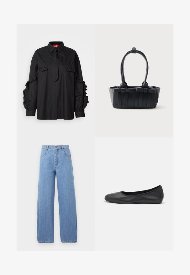 Chemise noire avec des accents volantés sur les manches, dotée d'un design à boutons et d'un détail de nœud au col. Confectionnée en tissu lisse et léger.; Jeans en denim bleu clair à jambes larges, dotés d'une taille haute, de poches avant et de détails de couture subtils sur les coutures.; Ballerines en cuir noir avec un bout rond, texture lisse, détails de couture minimalistes et design de semelle flexible.; Sac à main en cuir noir avec deux poignées, sangles décoratives et une base rectangulaire sur un fond uni clair.