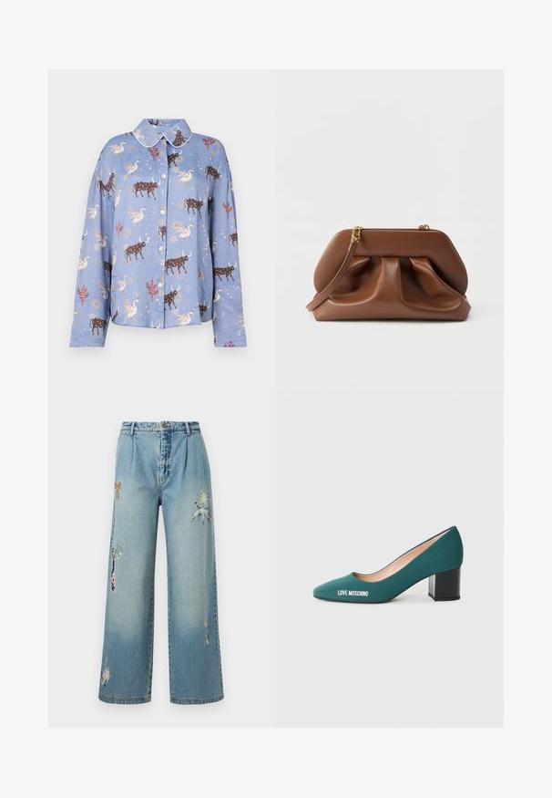 Lyseblå skjorte med lange ærmer, der har et print med brune tyre, svaner og himmelske elementer; knaplukning og en kontrastfarvet krave.; Lyseblå denim viddebukser med broderede detaljer, inklusive sommerfugle og planter. Har knaplukning og fem lommer.; Grøn stof høje hæle med spids tå, en chunky sort hæl, og "LOVE MOSCHINO" trykt i hvidt på siden.; Brun clutchtaske i læder med rynket design, guldfarvet hardware og aftagelig håndledsrem på hvid baggrund.