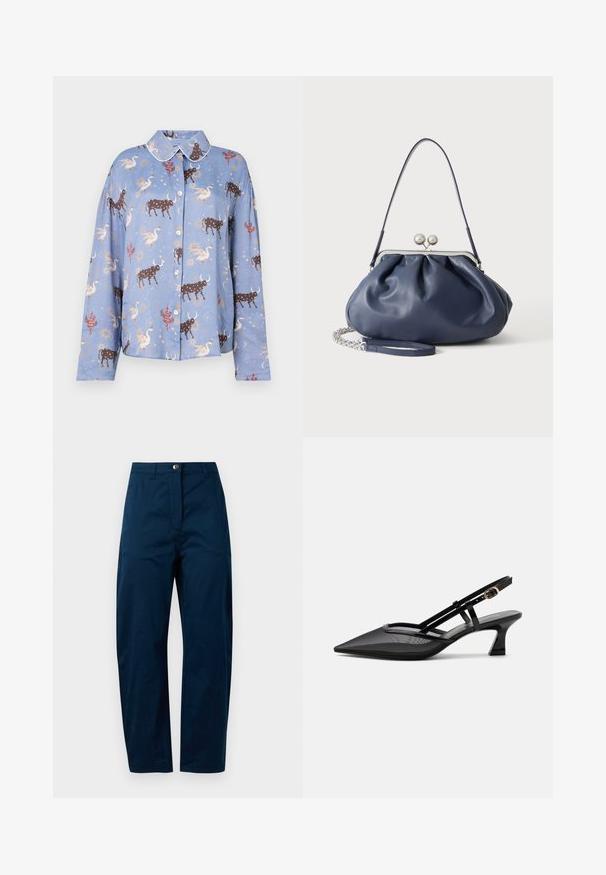 Camisa de manga larga azul claro con un estampado de toros marrones, cisnes y elementos celestiales; cierre de botones y cuello en contraste.; Pantalones azul marino con un diseño de pierna recta, que presentan un cierre frontal con botón, dos bolsillos laterales y un acabado de tela suave y texturizada.; Zapato slingback negro con punta afilada, parte superior de malla, tiras delgadas, hebilla dorada y tacón bajo curvado sobre fondo blanco.; Bolso de mano de cuero azul marino suave con cierre de broche plateado, una correa de hombro y correa de cadena desmontable para la muñeca sobre fondo blanco.