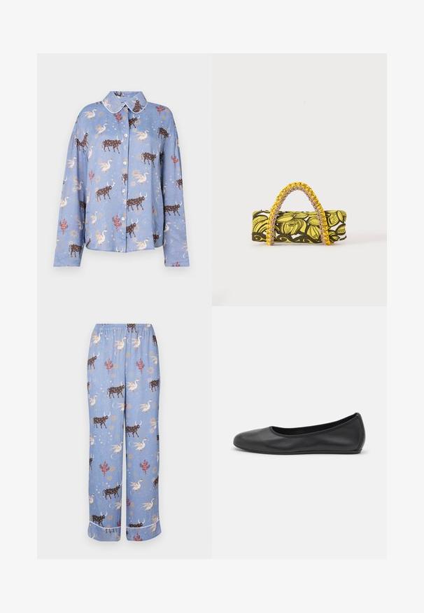 Camisa de manga larga azul claro con un estampado de toros marrones, cisnes y elementos celestiales; cierre de botones y cuello en contraste.; Pantalones de pijama azules con un patrón caprichoso que presenta vacas, criaturas míticas y elementos celestiales; cinturilla elástica y piernas anchas.; Bailarina de piel negra con punta redondeada, textura suave, detalle de costura minimalista y diseño de suela flexible.; Bolsa rectangular con patrón floral en amarillo y negro y asa trenzada amarilla y rosa sobre fondo blanco.