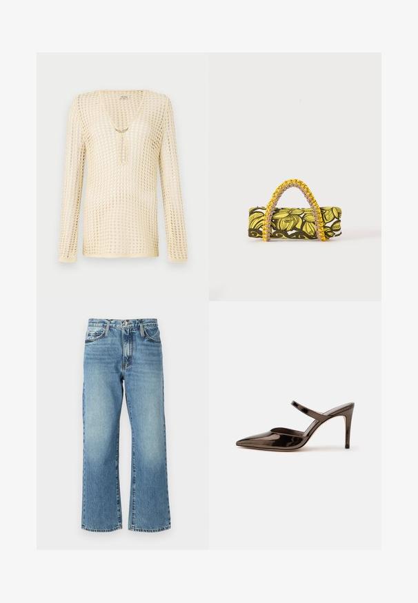 Pull en maille à manches longues de couleur beige clair avec un design en maille. Doté d'un décolleté en V et d'une découpe circulaire au niveau de la poitrine, orné d'un accent doré.; Jeans en denim bleu clair avec une coupe large, cinq poches et une fermeture à bouton. Le tissu présente un léger délavage et une texture classique.; Mule à talon haut marron foncé brillant à bout pointu avec une fine bride sur le coup de pied sur fond blanc uni.; Sac rectangulaire avec motif floral jaune et noir et anse tressée jaune et rose sur fond blanc.