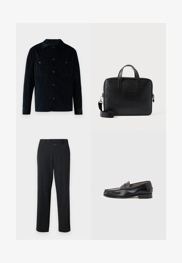 Chemise en velours côtelé bleu marine foncé avec un devant à boutons, un col pointu, deux poches poitrine et des manches longues avec des poignets à boutons.; Pantalon noir à coupe droite, en tissu lisse. Il présente une fermeture à bouton à l'avant et des détails de couture subtils. Conception simple sans motifs.; Mocassins en cuir noir avec un design de style mocassin, présentant une bande décorative et un détail de couture sur le dessus. Talon bloc bas.; Sacoche d'ordinateur portable en cuir noir avec deux poignées supérieures, une bandoulière amovible, une surface texturée et une forme rectangulaire. Patch logo embossé visible.