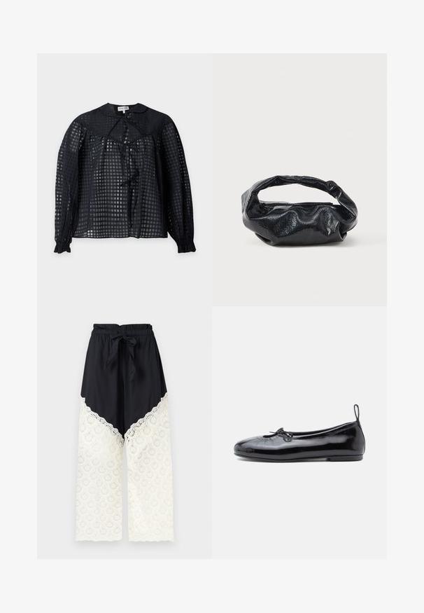 Blouse noire transparente à carreaux avec manches longues, poignets volantés, col arrondi et liens à l'encolure et à la fermeture avant.; Pantalon noir à jambes larges avec taille élastique et lien, présentant un détail en dentelle blanche du milieu de la cuisse jusqu'à l'ourlet.; Ballerine en cuir verni noir avec un bout rond, un petit nœud décoratif et une texture lisse ; présente une semelle plate basse et une languette au talon.; Sac noir en matériau texturé et brillant avec une poignée circulaire torsadée et une fermeture éclair. Présente un design doux et froissé.