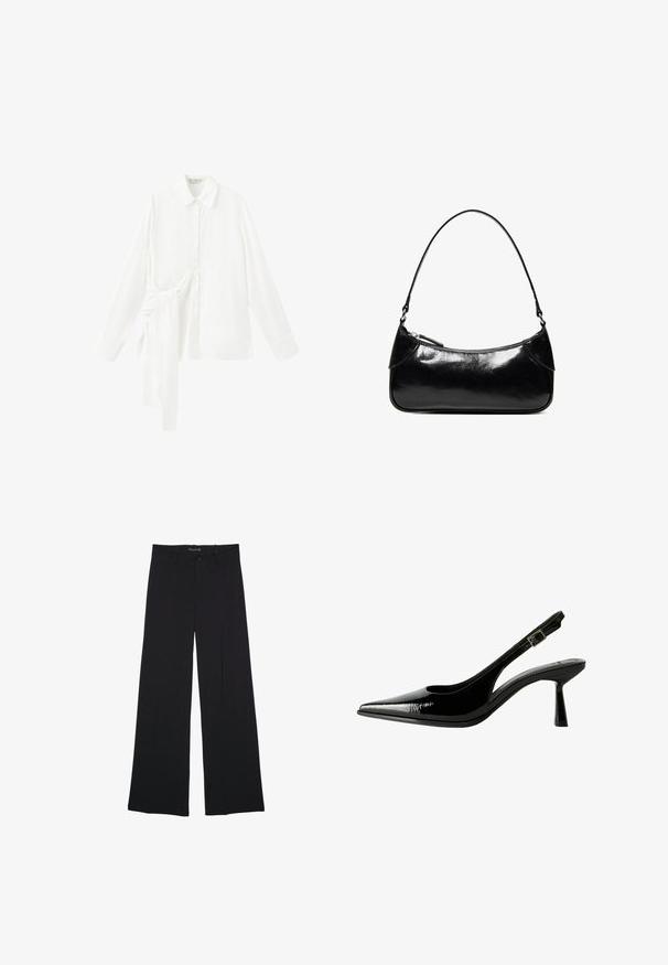 Chemise blanche à manches longues avec col pointu et détail de nouage asymétrique en tissu sur le côté gauche.; Pantalon noir à jambes larges avec passants de ceinture, bouton frontal et fermeture éclair, étalé à plat sur un fond blanc.; Racine à talon en cuir verni noir avec un nez pointu, des côtés découpés, une bride de cheville ajustable et un talon fin et élégant.; Sac à épaule en cuir noir brillant avec un seul compartiment zippé et une fine bandoulière arquée.