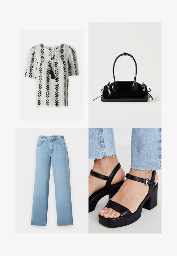 Blusa blanca con estampado de hojas negras, mangas cortas abullonadas, escote atado con borlas y detalles fruncidos en el busto.; Jeans de pernera ancha de color azul claro, confeccionados en denim, con una cintura alta, diseño de cinco bolsillos y cierre de botón con cremallera.; ALDO CELIE - Sandalias de tacón - black; Pequeño bolso negro brillante con dos asas largas y detalles de cordón lateral sobre un fondo claro liso.