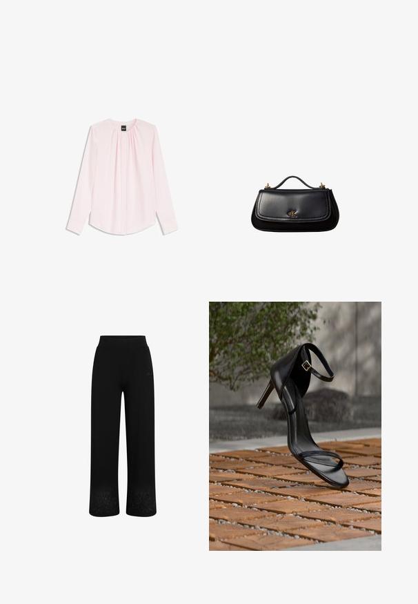 Blusa de manga larga en color rosa claro con escote redondo, pliegues sutiles en la parte delantera y mangas con puños, con etiqueta negra de la marca BOSS en el interior.; Pantalones de chándal negros con un diseño de pierna ancha, cintura elástica y bordado floral en el dobladillo. Fabricados con una tela suave y elástica.; Sandalia negra de tacón alto con correa en el tobillo, parece suspendida sobre un suelo de baldosas de madera al aire libre, con un fondo difuminado de vegetación y piedra.; Bolso de mano negro de piel con un asa pequeña, logo "cK" en tono dorado en la solapa frontal y detalles de herrajes dorados.