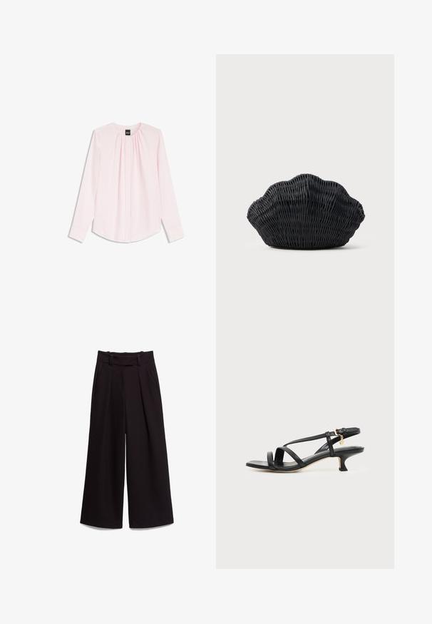 Hellrosa Langarmbluse mit rundem Ausschnitt, dezenten vorderen Falten und Ärmelbündchen, innen mit einem schwarzen BOSS-Label versehen.; Schwarze, weite Hose mit hohem Bund, Gürtelschlaufen, Seitentaschen und unteren Falten, flach auf weißem Hintergrund ausgelegt.; Schwarze Ledersandale mit niedrigem Kittenabsatz, Knöchelschnalle und kleinem goldfarbenem Anhänger vor einfachem hellem Hintergrund.; Schwarze Korbtasche in Muschelform mit gebogenem Oberteil und gewebter Textur auf einfarbigem Hintergrund.
