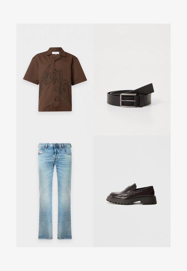Braunes Kurzarm-Hemd mit Knöpfen, schwarzem abstraktem gesticktem Muster und spitzem Kragen, vor einem schlichten Hintergrund präsentiert.; Helleblaue Denim-Jeans mit geradem Schnitt, Fünf-Taschen-Design und leichter Ausbleichung. Mit metallischem Knopf und Reißverschlussverschluss.; Burgunderrote Leder-Loafers mit dicker Gummisohle, geflochtenem Akzent an der Vorderseite und geprägtem Logo an der Ferse. Glatte Textur, elegantes Design.; Schwarzer Leder Gürtel mit matter Oberfläche, ausgestattet mit einer rechteckigen Metall Schnalle und einem Riemen, der das Calvin Klein Logo zeigt.