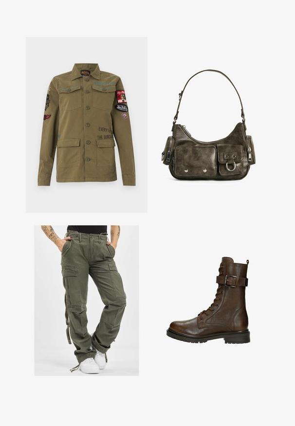 Veste militaire vert olive à boutons sur le devant, avec poches poitrine et inférieures, et plusieurs écussons brodés ainsi que du texte sur les manches et la poitrine.; Pantalons cargo vert olive avec de multiples poches, taille ajustable par cordon, et coupe décontractée. Le tissu a une texture douce et une apparence robuste et durable.; Bottines en cuir marron à lacets, avec une boucle sur le côté, bout rond, semelle robuste et détails de couture pour ajouter de la texture.; Sac à main en cuir vert foncé de forme arrondie, avec des poches zippées et une poche à rabat à l'avant. Présente un matériel en argent et une finition texturée.