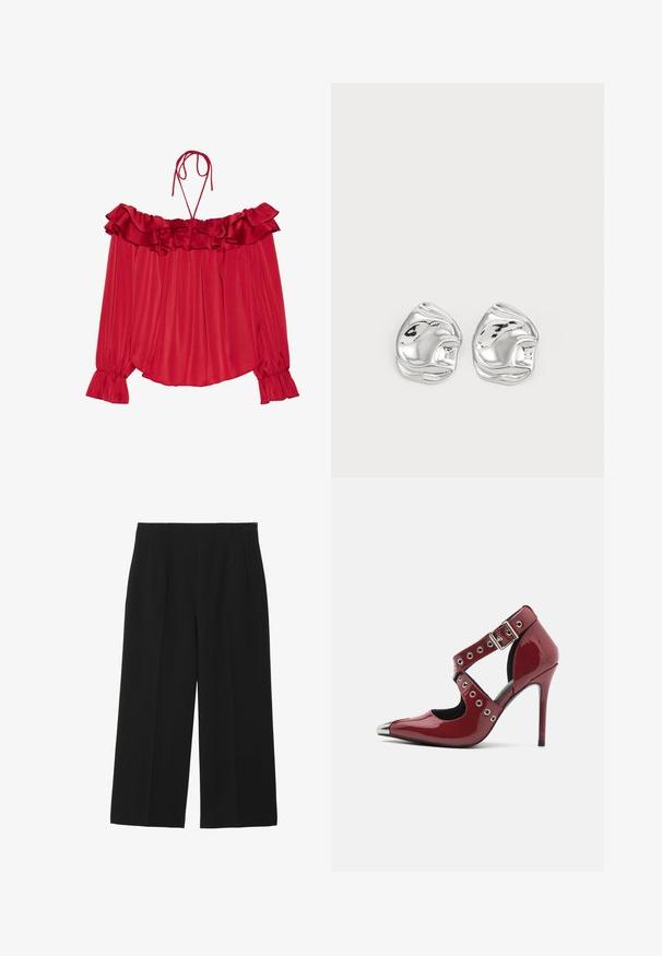 Blusa roja sin hombros con escote fruncido, tirantes con lazo, textura plisada y puños de manga acampanados. Tela de satén liviana.; Pantalones de pierna ancha negros, hechos de tela suave, con dos bolsillos frontales, parte delantera plana y cierre de cremallera en el lateral.; Zapato de tacón alto de charol rojo con diseño cortado, ojales circulares plateados y punta afilada, que cuenta con un acento metálico en la punta.; Pendientes de studs en forma abstracta de plata con un acabado pulido, que presentan curvas suaves y contornos sutiles. Sin patrones o acentos visibles.