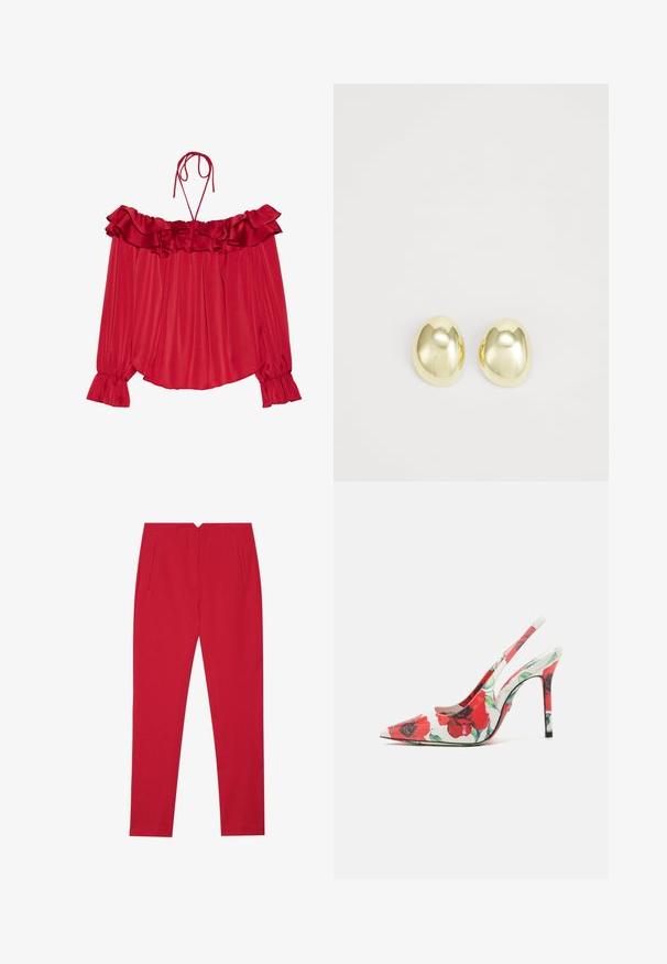 Blouse rouge à épaules dénudées avec un col à volants, des bretelles à nouer, une texture plissée et des manches à pattes d'éléphant. Tissu satin léger.; Pantalons ajustés rouges avec une finition texturée, dotés de poches avant et d'un design à jambe droite. La taille présente une découpe en forme de V à l'arrière.; Chaussure à talon haut avec un bout pointu, surface blanche ornée d'un motif floral rouge et un talon élancé. Fini texturé.; Boucles d'oreilles en métal doré avec une forme lisse et arrondie et une finition polie. Design simple sans embellissements supplémentaires.