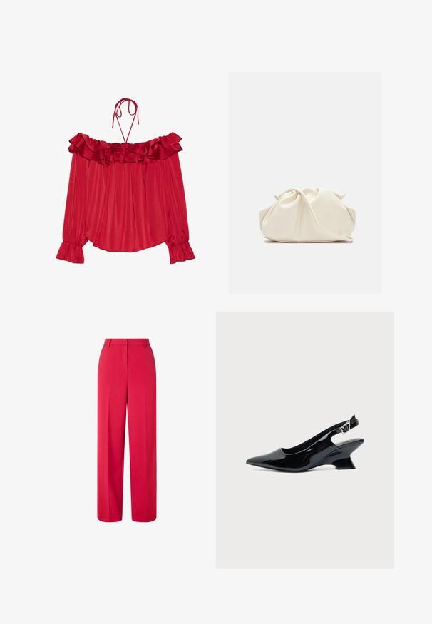Rød off-the-shoulder bluse med flæset halsudskæring, bindinger, plisseret tekstur og udvidede ærmekanter. Letvægts satinmateriale.; Højtaljede, vide røde bukser med bæltesløjfer og skjult frontlukning på en hvid baggrund.; Sort laklæder slingback sko med spids tå og lav vinklet blokhæl på ensartet lys baggrund.; Blød, cremefarvet læder clutch taske med samlet, rynket design og en tynd skulderrem, der hviler foran på en ensfarvet baggrund.