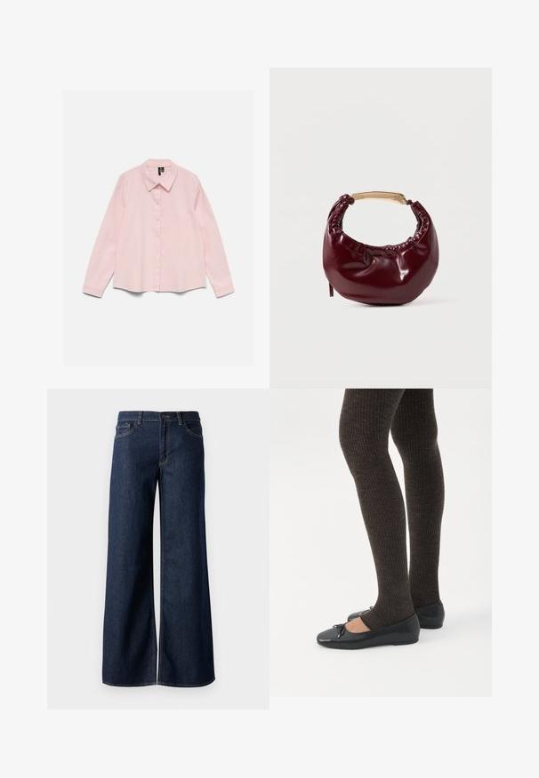 Langærmet lyserød skjorte med knapper og krave, lagt fladt på en hvid baggrund.; Bredde ben jeans i mørkeblå denim. Har kontrastsyninger, fem lommer og en knaplukning i taljen. Glat tekstur.; Ben iført mørke ribbede leggings kombineret med sorte balletsko med små sløjfedetaljer på hvid baggrund.; Bordeaux farvet faux læder handbag med en afrundet form, samling detaljer og et guldtonet metalhåndtag. Glat tekstur og blank finish.