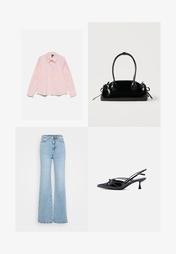 Langärmeliges hellrosa Hemd mit Knöpfen und Kragen, flach auf weißem Hintergrund liegend.; Helle blaue Schlagjeans aus Denim, mit hohem Bund, Fünf-Taschen-Design und ungesäumtem Saum unten. Die Textur ist leicht abgenutzt.; Schwarzer Slingback-Pumps aus Lackleder mit spitzer Zehenpartie, niedrigem Kitten-Heel und dekorativer, geknoteter Schleife vorne.; Kleine schwarze glänzende Handtasche mit zwei langen Griffen und seitlichen Kordelzug-Details vor einfachem hellem Hintergrund.