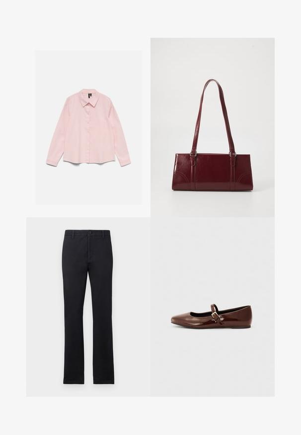 Chemise rose clair à manches longues avec col et boutons, étalée à plat sur un fond blanc.; Pantalons noirs à jambe droite avec passants de ceinture, bouton avant et fermeture éclair, présentés sur un fond blanc uni.; Ballerine en cuir verni marron avec un bout carré et une lanière ornée d'une petite boucle dorée. Texture lisse, talon bas et design minimaliste.; Sac à main bordeaux en matériau brillant, de forme rectangulaire, avec deux anses et des accents légèrement courbés à l'avant.