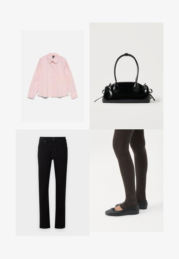 Chemise rose clair à manches longues avec col et boutons, étalée à plat sur un fond blanc.; Jean en denim noir avec une coupe droite. Comprend cinq poches, une fermeture à bouton à l'avant et des détails de couture subtils le long des coutures.; Jambes portant des leggings côtelés foncés associés à des ballerines noires avec de petits détails en nœud sur fond blanc.; Petit sac à main noir brillant avec deux longues anses et des détails à cordon sur les côtés sur un fond clair uni.