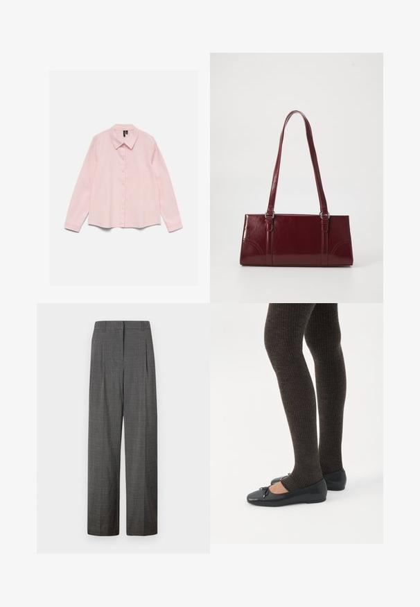 Camisa de manga larga de color rosa claro con botones y cuello, extendida sobre un fondo blanco.; Vero Moda VMSIKITA WIDE DAD PANT - Pantalones - medium grey/black; Piernas con leggings oscuros acanalados combinados con bailarinas negras que presentan pequeños detalles de lazo sobre un fondo blanco.; Bolso burdeos hecho de material brillante, de forma rectangular, con dos asas para el hombro y sutiles acentos curvados en la parte frontal.