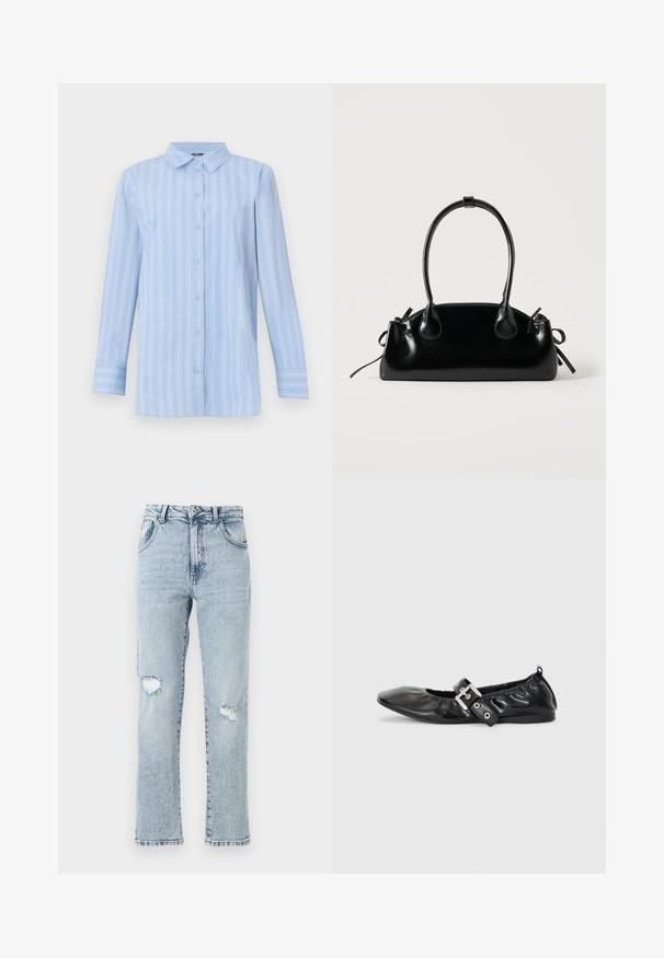 Lys blå langærmet skjorte med knapper og hvide lodrette striber samt spids krave, vist på en ensfarvet baggrund.; Lysblå denimjeans med en afslappet pasform, der har to knærevner, fem lommer og en frynset kant. Knap- og lynlåslukning.; Sorte læder flade sko med spids tå, samling detaljer omkring åbningen, og en sølv spænde accent på den justerbare rem.; Lille sort blank håndtaske med to lange håndtag og snøre-detaljer i siden på en ensfarvet lys baggrund.