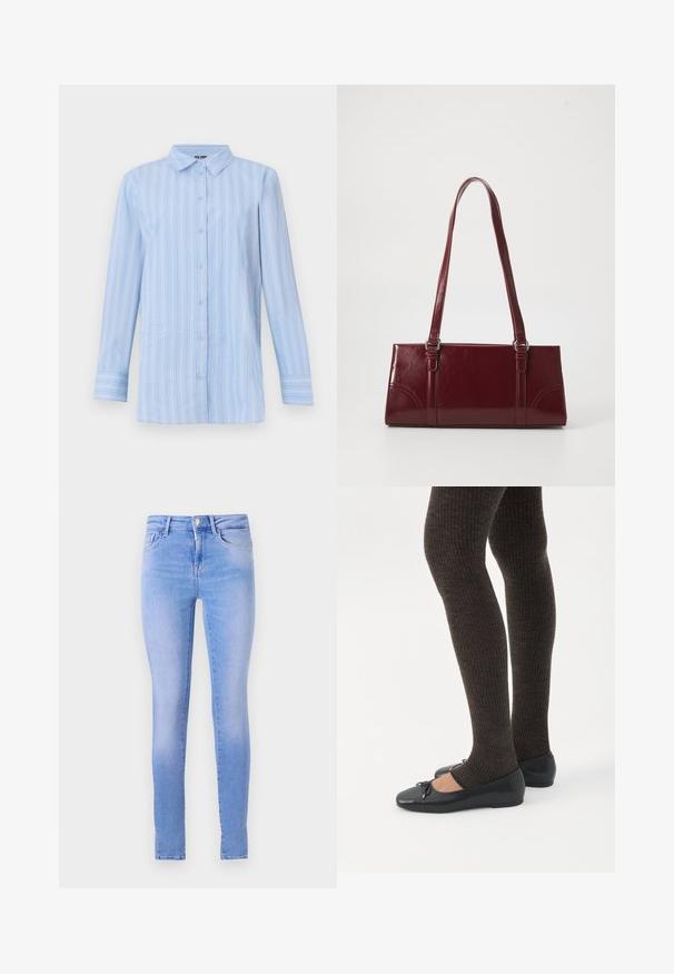 Lys blå langærmet skjorte med knapper og hvide lodrette striber samt spids krave, vist på en ensfarvet baggrund.; Lyseblå skinny jeans med en falmet vask, der har et fem-lomme design, frontknaplukning og en ren kant.; Ben iført mørke ribbede leggings kombineret med sorte balletsko med små sløjfedetaljer på hvid baggrund.; Bordeaux håndtaske lavet af glansfuldt materiale, rektangulær form, med to skulderremme og subtile buede detaljer på forsiden.