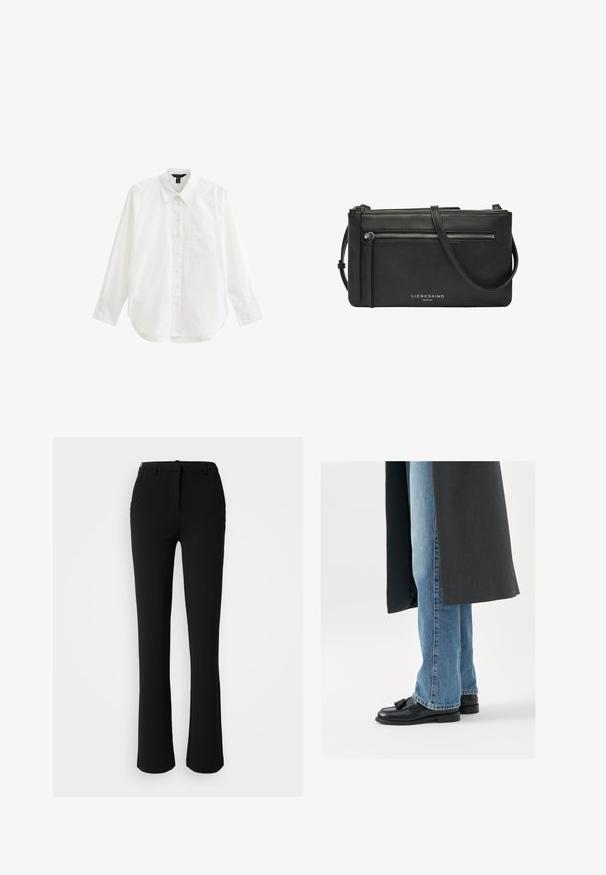 Camisa blanca de manga larga hecha de algodón, con frente abotonado, cuello, un bolsillo en el pecho y dobladillo redondeado. Textura suave.; Pantalones negros confeccionados en una tela suave, con un diseño de pierna recta, bolsillos frontales y una cintura estándar con un pasador para cinturón.; Mocasines de cuero negro con borlas, combinados con jeans rectos de color azul claro, complementados por un abrigo gris oscuro. Líneas limpias y tejido texturizado.; Bolso bandolera de piel negra con bolsillo delantero con cremallera y correa ajustable, con el logo "Liebeskind Berlin" en la parte frontal.